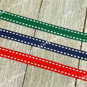 3/8&quot; -  Choice of White Saddle Stitched Dark Green, Navy or Bright Red  Printed Grosgrain Ribbon - Sew - Craft - Party Favor - Scrapbook