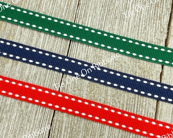 3/8" -  Choice of White Saddle Stitched Dark Green, Navy or Bright Red  Printed Grosgrain Ribbon - Sew - Craft - Party Favor - Scrapbook