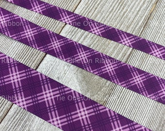 SALE! 5 Yards Deep Violet Purple Plaid Printed Grosgrain Ribbon -  3/8 - 5/8 - 1" - Sewing - Crafting - Decor - Hair Bow