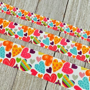 Cinta de grogrén con estampado de corazones de colores y puntos - 5/8 - 7/8 - 1 - 1,5 pulgadas - Costura - Manualidades - Decoración - Álbum de recortes - Collares - Llaveros