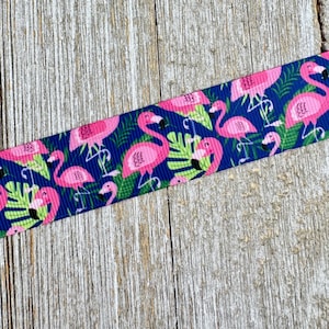 Sale! 3 or 5 Yards Pink Flamingos on Dark Blue Printed Grosgrain Ribbon - 1&quot; - Hat Band - Hair Bow - Luggage Tag - Collar - Gift Wrap