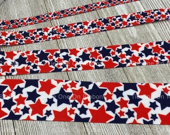 Red and Blue Stars Patriotic Grosgrain Ribbon - 3/8" - 5/8" - 1"  - 1.5"  - Sewing - Crafting - Decor - Bow - Party - Bow