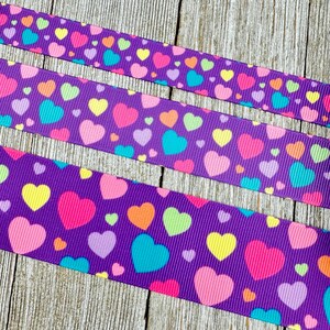 Multi-Colored Hearts On Purple Printed Grosgrain Ribbon: 5/8", 1", 1.5", Sew, Craft, Valentine Card, Party Decor, Bow, Tag
