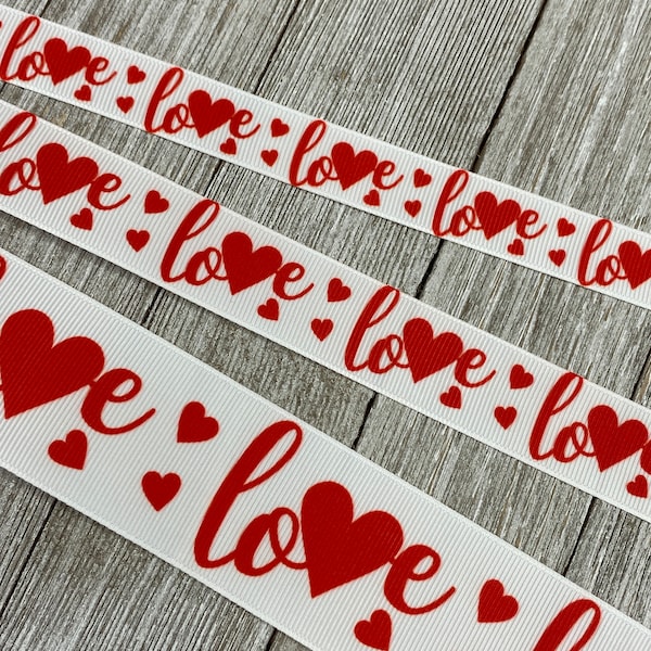 Red Hearts & Love Printed On White Grosgrain Ribbon - 5/8" - 7/8" - 1.5" - Sew - Craft- Decor - Bow - Party Favor - Wrap