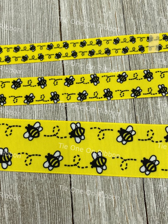 3) Bumble Bee print Ribbon 5/8 3 Yards Bee Print Yellow/Black on