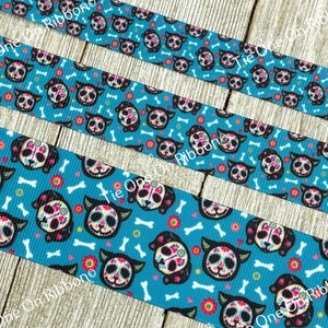 SALE! 5 Yards Sugar Skulls Pet Halloween Day of The Dead Printed Grosgrain Ribbon -  5/8&quot; - 7/8&quot; - 1.5&quot; - Craft - Bow - Dog Collar - Tag