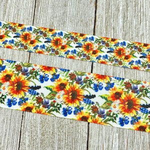 SALE! 5 Yards Fall Sunflowers & Blue Feathers on White Printed Grosgrain Ribbon - 7/8&quot; - 1.5&quot;  - Sew - Craft - Decor - Bows - Dog Collars