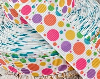 Confetti Celebration Polka Dotted Printed Grosgrain Ribbon -  7/8" Width - Sewing - Craft - Collars - Hair Bow - Gift Wrap - Key Fob