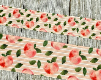 Peaches On Stripes Summer Fruit Printed Grosgrain Ribbon -   7/8" - 1.5" - Craft - Bow - Lanyard - Canning Labels - Jam Jars - Gift Wrap