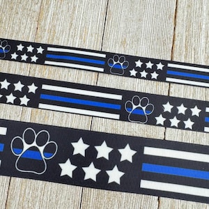 Paw Print Thin Blue Line Police Support Print Grosgrain Ribbon -  5/8" - 7/8" - 1.5" - Sew - Craft - Bow - Support - K9 Police Dog - Collar