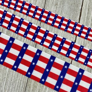 Patriotic Red and White Stripes And White Stars on Navy Printed Grosgrain Ribbon - 5/8" - 7/8" - 1.5" - USA - Sew - Craft - Decor - Parade