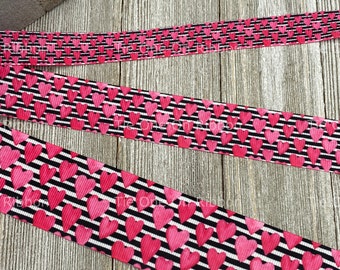 Black and White Stripes and Pink Hearts Printed Grosgrain Ribbon - 5/8 - 1 - 1.5 Inch - Sewing - Crafting - Decorating -  Sewing - Bow