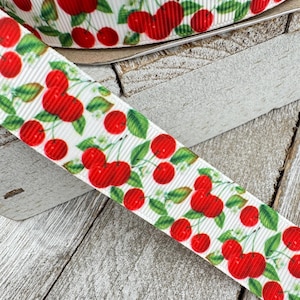 Bright Red Cherries & Leaves Printed In White Grosgrain Ribbon - 7/8&quot; - Craft - Decor - Hair Bow - Gift Wrap - Wreath - Tag - Cherry Pie