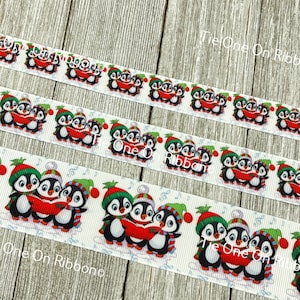 Christmas Caroling Penguins Printed Grosgrain Ribbon - 5/8&quot; - 7/8&quot; - 1&quot; - 1.5&quot;  - Sewing - Crafting - Decor - Gift Wrap - Bow -Hair Ribbon