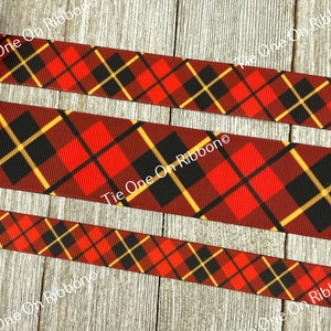 Classic Gold, Red and Black Diagonal Stripe Plaid Printed Grosgrain Ribbon -  5/8&quot; - 7/8&quot; - 1&quot; - 1.5&quot; - Sew - Craft - Decor - Bow - Wrap