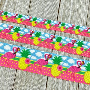 SALE! 5 Yards Pink Flamingos and Yellow Pineapples Grosgrain Ribbon - 5/8&quot; - 1&quot; - 1.5&quot; - Sewing - Crafting - Decorating