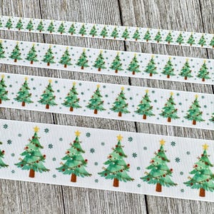 Christmas Tree & Snowflake Holiday Printed Grosgrain Ribbon: 3/8&quot; - 5/8&quot; - 7/8&quot; - 1.5&quot; - Craft Ribbon - Gift Wrap - Hair Bow - Tag - Collar