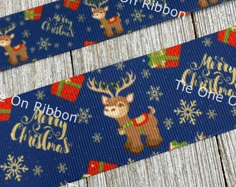 Cute Reindeer Merry Christmas On Blue Printed Grosgrain Ribbon - 7/8" - 1.5" - Sew - Craft - Decor - Party - Collar - Hair Bow - Gift Wrap