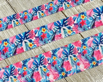 Tropical Palm Navy Blue and Pink Floral Nautical Printed Grosgrain Ribbon - 5/8" - 1" - 1.5" - Craft - Bow - Wreath - Wrap - Collar - Tag