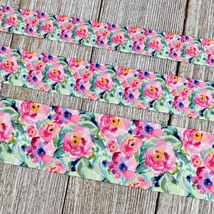 Sale! 5 Yards Pastel Green, Pink, Blue Posies Floral Printed Grosgrain- 5/8&quot; -  7/8&quot; - 1.5&quot; - Sew- Craft - Wedding Shower - Collar - Wrap