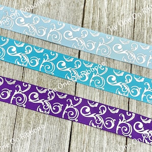 Silver Foil Swirls On Solid Color Grosgrain Ribbon - Pale Blue, Royal Purple or Turquoise  - 7/8 Inch - Craft - Decorating - Wedding - Gift