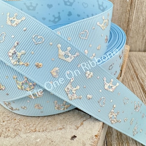 Silver Foil Princess Crowns on Baby Blue Grosgrain Ribbon - 1 Inch Wide - Sewing - Crafting - Decor - Bows - Birthday - Gift Wrap - Birthday