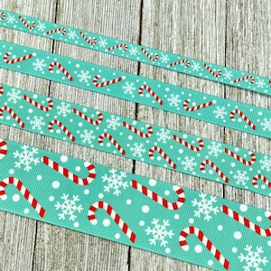 Christmas Candy Canes & Snowflakes on Aqua Blue Printed Grosgrain Ribbon - 3/8&quot; - 5/8&quot; - 7/8&quot; - 1.5&quot; -  Sew - Craft - Decor - Wrap - Tag