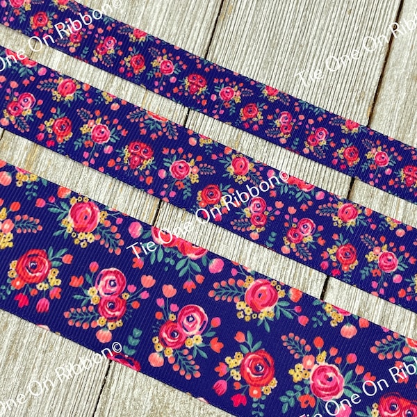 SALE! 5 Yards Blooms, Posies and Rose Bouquets On  Background Printed Grosgrain Ribbon - 5/8" - 7/8"- 1.5" - Sew - Craft - Collars - Bow