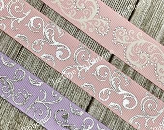 Silver Foil Swirls On Pink, Light Pink, White or Aqua Grosgrain Ribbon - 7/8 Inch - Sewing - Crafting - Decorating - Wedding