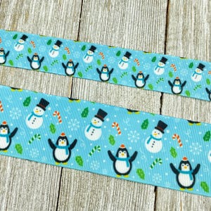 Sale! 5 Yards Winter Snowman Penguins Candy Cane Printed Grosgrain Ribbon - 7/8&quot; - 1.5&quot; - Sew - Craft - Decor r - Tag - Bow - Gift Wrap