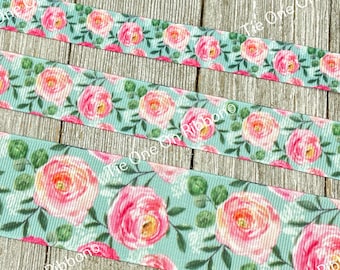 Large Pink Garden Flowers on Aqua Background  Print Grosgrain Ribbon - 5/8" - 7/8" - 1" - 1.5" - Sewing - Crafting - Decorating - Bow