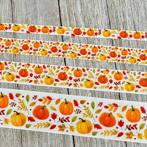 Fall Leaves Pumpkin Patch Printed Grosgrain Ribbon  -  3/8" - 5/8" - 7/8" - 1.5" - Sew - Craft - Bow - Wreath - Tag - Table Decor - Wrap