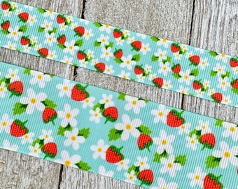 Red Strawberries White Daisies on Blue Printed Grosgrain Ribbon - 7/8" - 1.5" Wide - Sewing - Crafting - Decorating - Bows - Collar