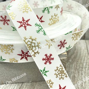 Shining Gold Foil,  Red And Green Snowflakes White Grosgrain Ribbon - 1&quot; Wide -  Sewing - Crafting - Bows - Ornaments - Scrapbook