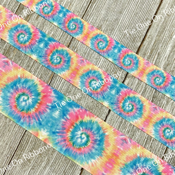 Bright Pastel Tie Dye Swirls Printed Grosgrain Ribbon - 5/8" - 7/8" - 1" - 1.5" - Sewing - Crafting - Decorating - Bow - Cheer Bow - Tag