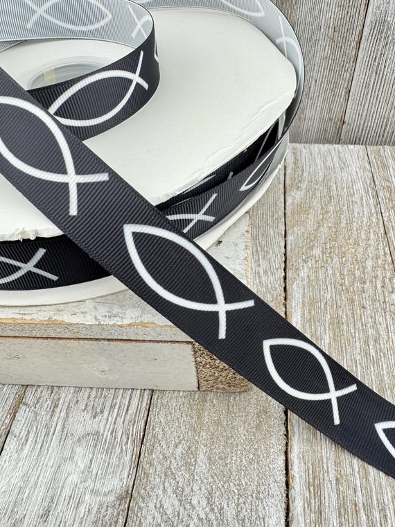 Christian Fish Symbol Ichthys On Black  Printed Grosgrain Ribbons - 7/8" - Craft - Key Fob- Hair Bow Supplies - Luggage Tag - Dog Collar