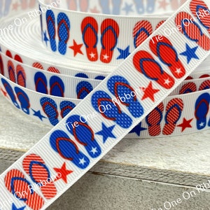 Red And Medium Blue Patriotic Flip Flop Printed Grosgrain Ribbon - 5/8&quot; &  1.5&quot; - Sew - Craft- Decor -  Scrapbook - Bows - Parade - Jully 4