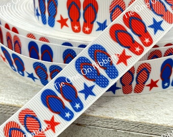 Red And Medium Blue Patriotic Flip Flop Printed Grosgrain Ribbon - 5/8" &  1.5" - Sew - Craft- Decor -  Scrapbook - Bows - Parade - Jully 4