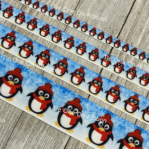 Winter Penguin Line-Up  With Red Hat Scarf Printed Grosgrain Ribbon - 5/8&quot; -  1&quot; - 1.5&quot; - Sew - Craft - Decor - Party - Bow - Gift Wrap -