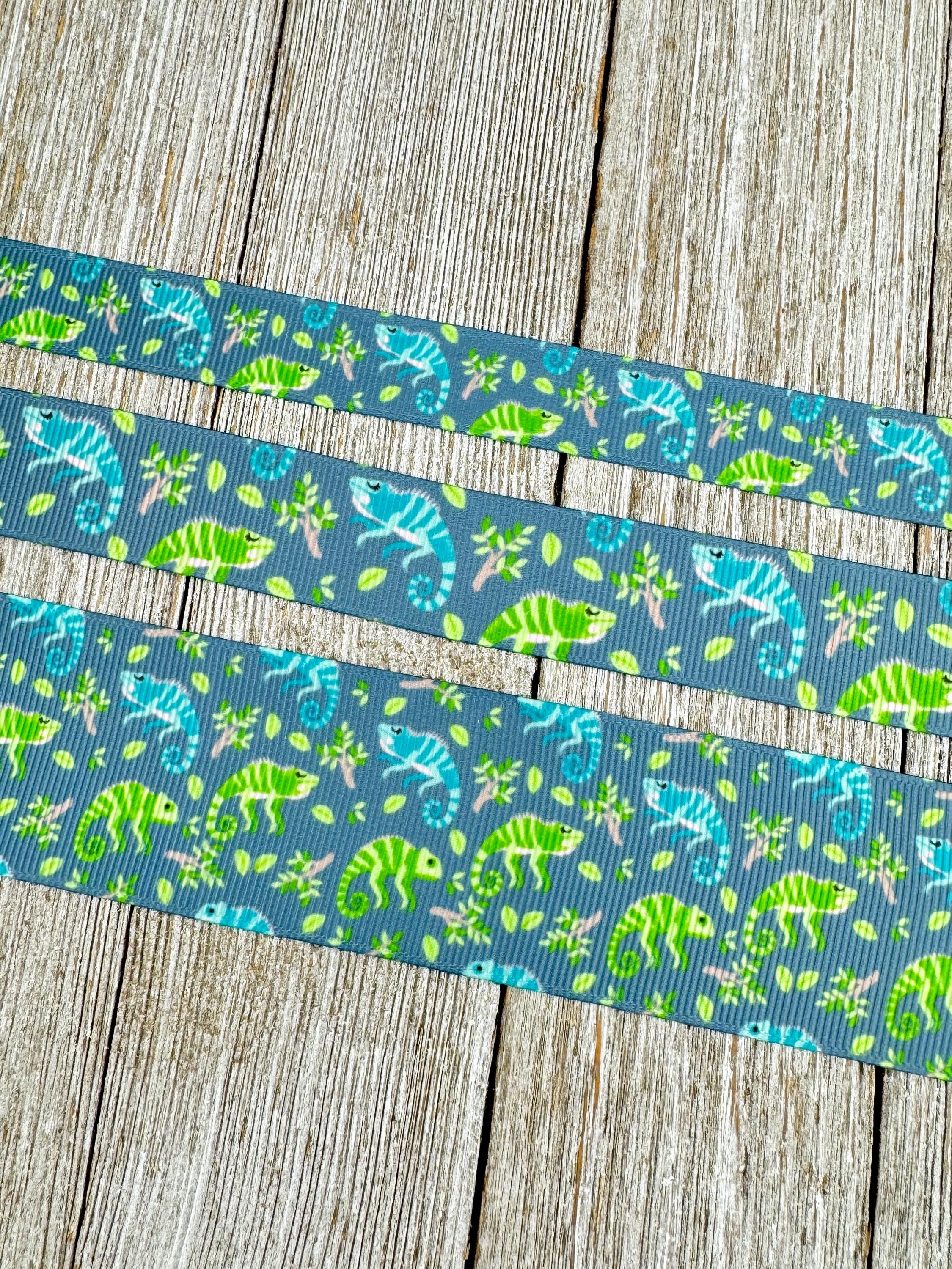 Blue and Green Gecko Lizard Dino Grosgrain Ribbon -  5/8" - 7/8" - 1.5" - Sew - Craft  - Bows - Dog Collar - Diaper Cake - Gender Reveal