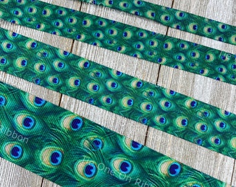 Lot 1 - Peacock Feathers Printed Grosgrain Ribbon -  3/8 - 5/8&quot; - 1&quot; - 7/8&quot; - 1.5&quot; - Sew- Crafting - Decorating - Bows - Decor - Scrapbook