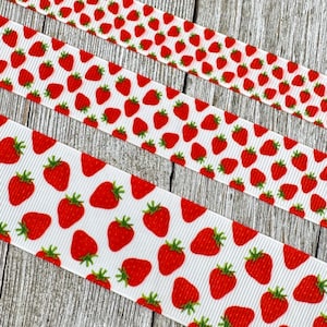 Petite Red Strawberries on White Printed Grosgrain Ribbon -  5/8&quot; - 7/8&quot; - 1.5&quot; - Craft Ribbon - Hair Bow - Dog Collar - Gift Wrap - Tag