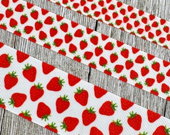 Petite Red Strawberries on White Printed Grosgrain Ribbon -  5/8" - 7/8" - 1.5" - Craft Ribbon - Hair Bow - Dog Collar - Gift Wrap - Tag