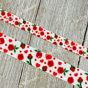 SALE! 5 Yards Red Roses Hearts Printed on White Grosgrain Ribbon - 5/8&quot; - Sew - Craft- Decor  - Shower - Bow -  Scrapbook - Valentine