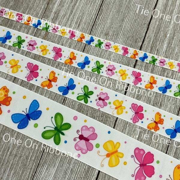 Bright Butterfly Print Grosgrain Ribbon - 3/8" - 5/8" - 7/8" - 1.5" - Sew - Craft - Decor - Scrapbook - Tags -  Bow - Collar - Nursery