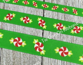 Peppermint Candy on Green Holiday Winter Printed Grosgrain Ribbon - 3/8" - 5/8" - 7/8"- Sew - Craft - Ornaments - Gift Wrap - Tag - Baking