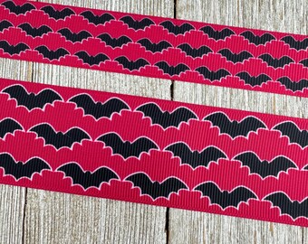 Wstążka grosgrain z nadrukiem w czarne nietoperze na ciemnoróżowym tle na Halloween - 7/8" - 1,5" - Szycie - Rękodzieło - Wianek - Kostium - Opakowanie na prezent - Etykieta