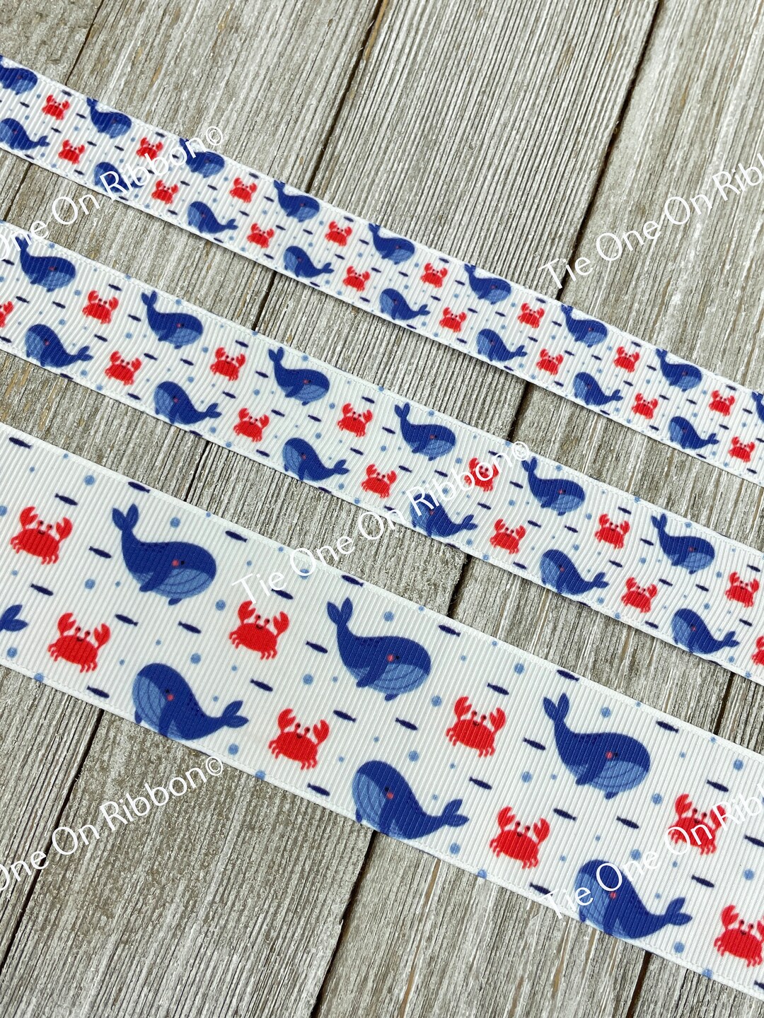 Blue Whale Red Crab Fish Ocean Sea Print Grosgrain Ribbon - 5/8
