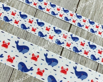 Blue Whale Red Crab Fish Ocean Sea Print Grosgrain Ribbon - 3/8" - 5/8" - 7/8" - 1.5" - Sew - Craft - Tags - Bows - Dog Collar - Gift Wrap