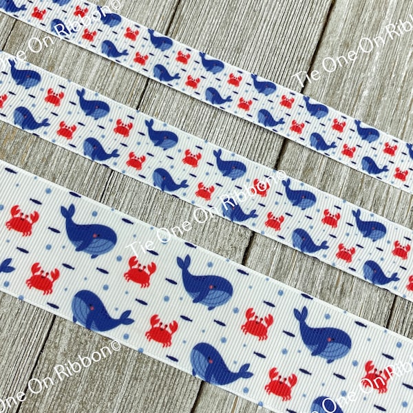 Blue Whale Red Crab Fish Ocean Sea Print Grosgrain Ribbon - 3/8" - 5/8" - 7/8" - 1.5" - Sew - Craft - Tags - Bows - Dog Collar - Gift Wrap